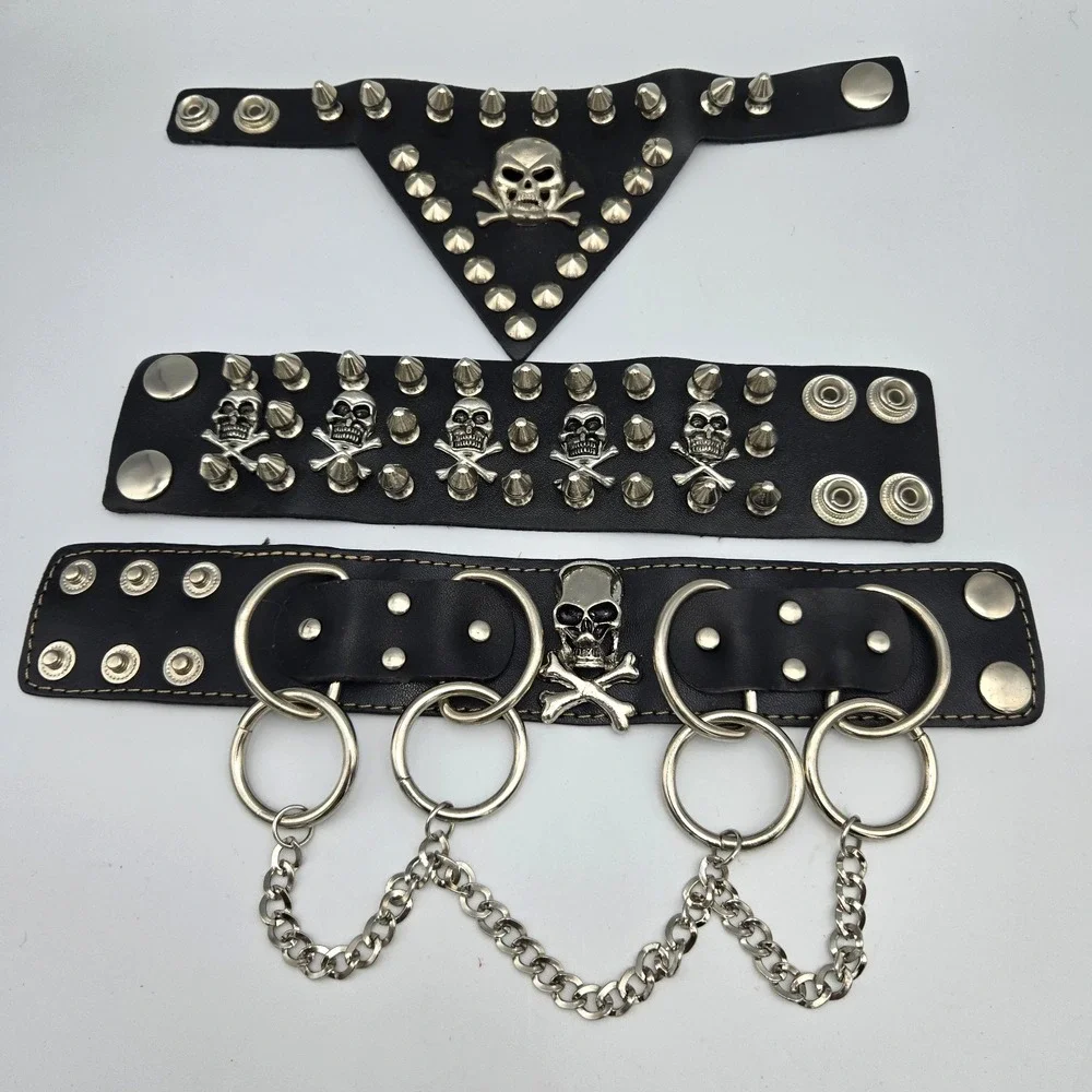 Punk Rock Choker & Bracelets Jewelry Lot Gothic Studded Skull & Bones Halloween